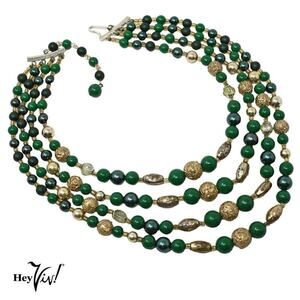 Vintage 1950s 4 Strand Green and Gold Textured Bead Necklace Japan 16" - Hey Viv